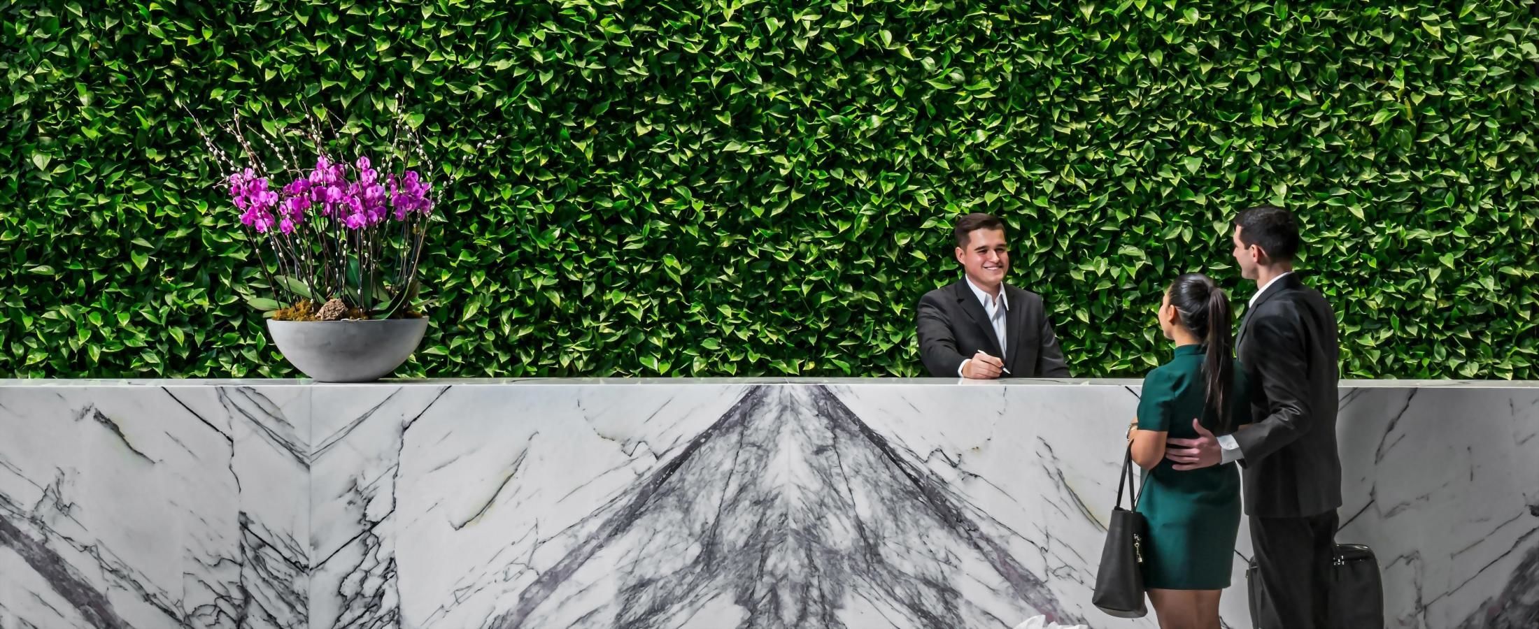 Our living green wall behind the front desk represents our environmentally sustainable practices and eco-friendly initiatives.