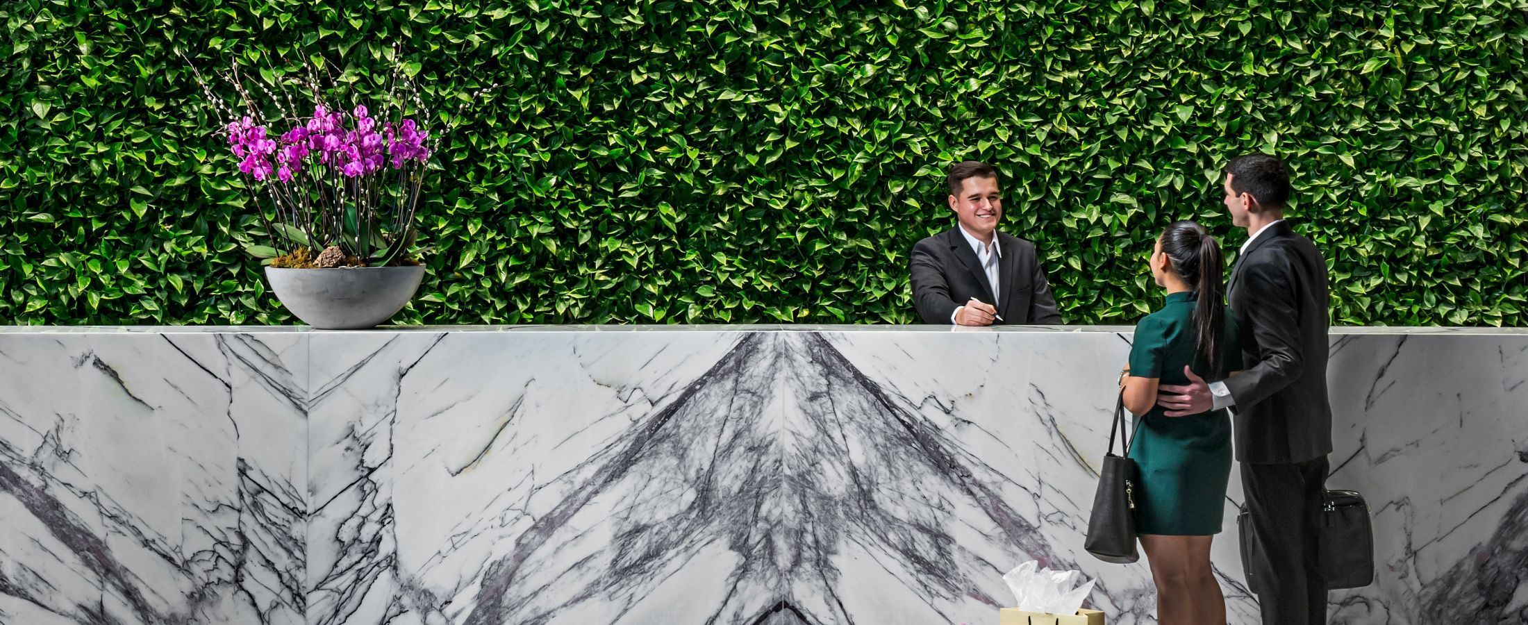 Behind our large, marble front desk is a gorgeous green living wall